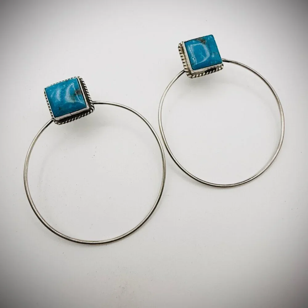 ELOUISE KEE STERLING SILVER TURQUOISE HOOP EARRINGS 2”